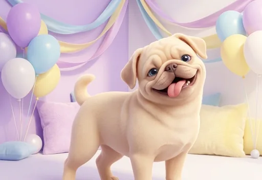 A joyful pug with its tongue out at a party