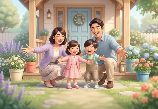 A family with two kids waiting for their new dog