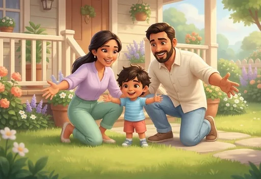 Parents with a toddler welcoming a new puppy