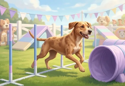 A dog sprinting through an agility course