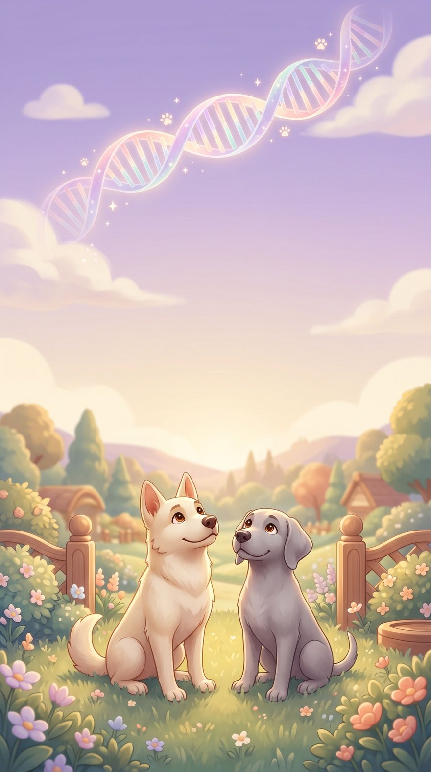 Two dogs in a pastel meadow gazing up at a sparkling DNA helix