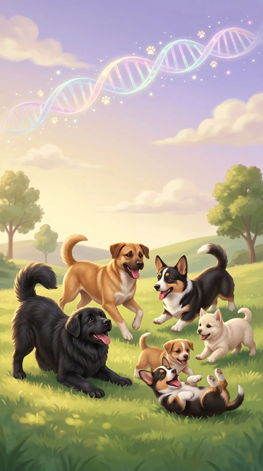 Dog Genome Game launch screen with playful dogs and puppies in a sunny field
